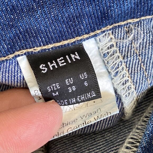 Shein Patchwork Distressed Black & Blue Denim High Waist Button Fly Flare Jeans - Picture 16 of 16